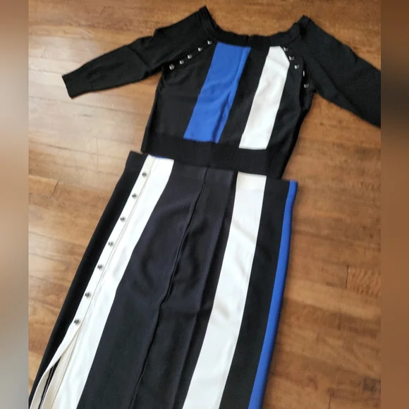 NWT Elegant Black and Blue Long Sleeve Dress 7th Avenue New York and Company - Picture 2 of 12